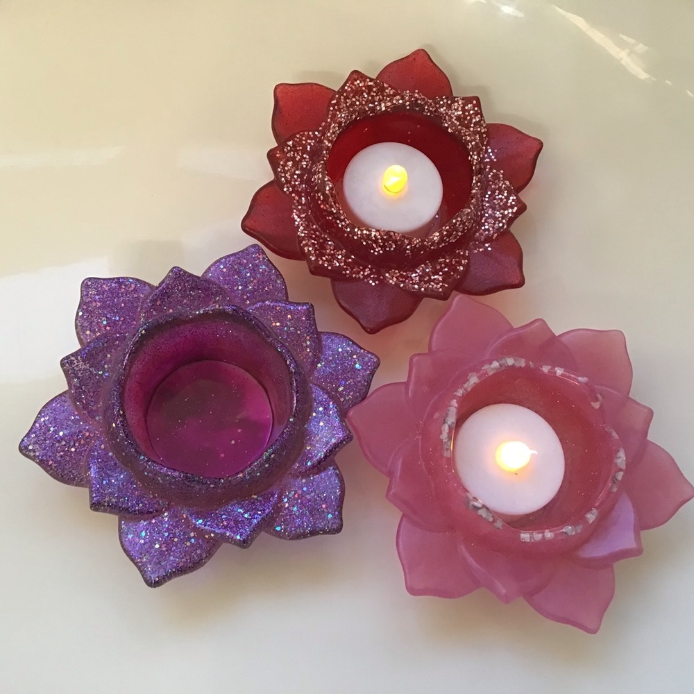 3 hand poured acrylic lotus flower candle holder